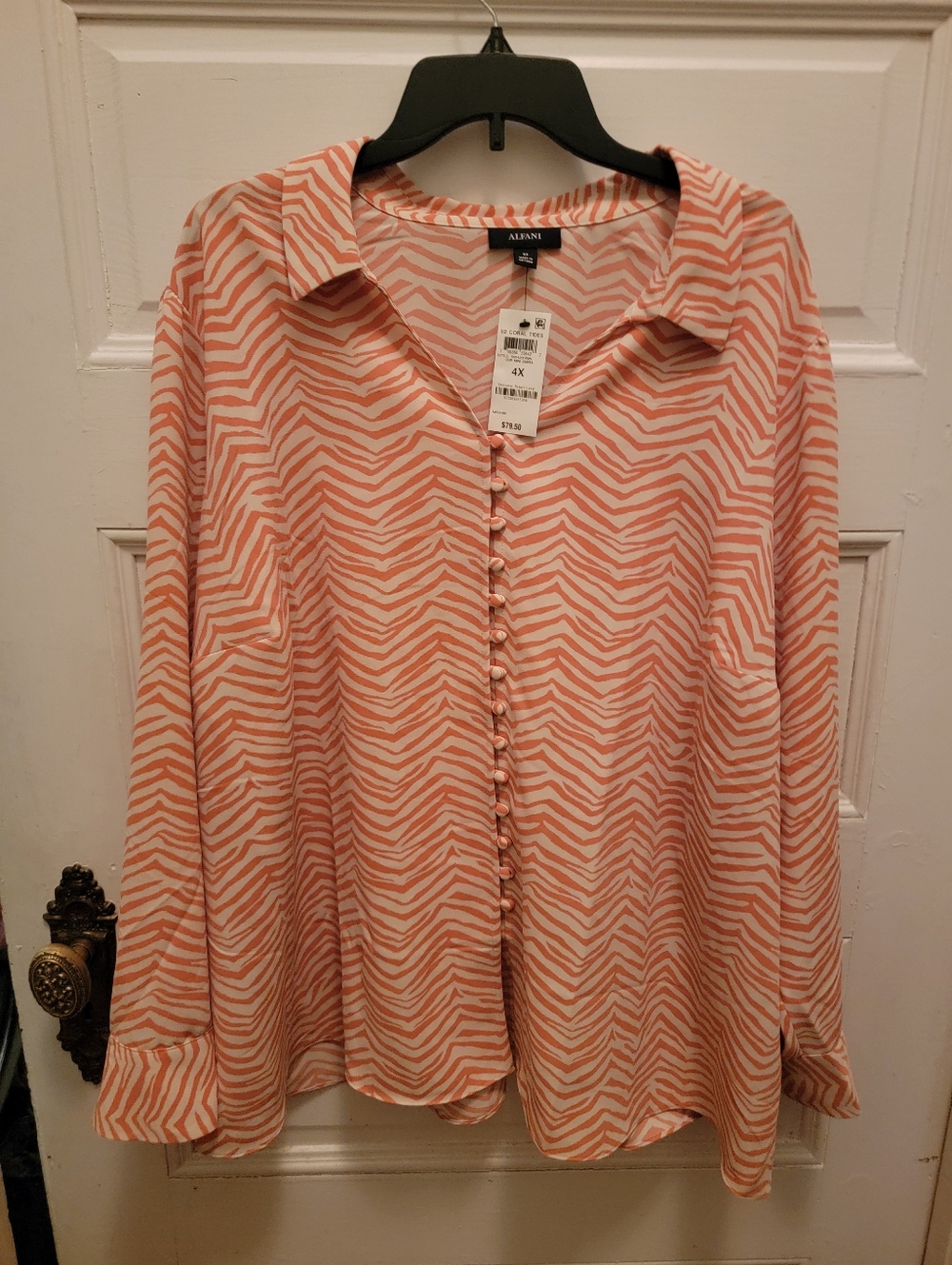 Alfani Coral and White Zebra-Print Button-Front Blouse 4X NWT